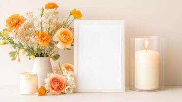 Flowers and candles with blank white frame on a white background photo