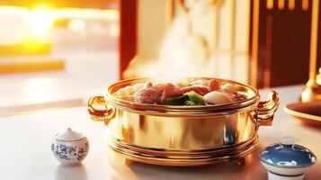 A golden pot with food on a table photo