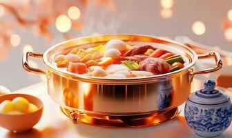 A copper pot filled with food on a table photo