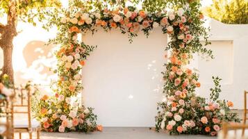 An outdoor ceremony with a white backdrop and orange flowers photo