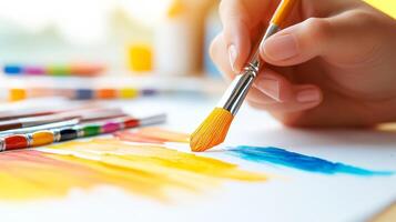 A person is holding a paintbrush and painting on a piece of paper photo