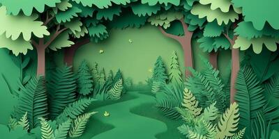 Paper art of a forest with a stream and trees photo