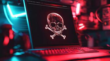 A computer screen with a skull and crossbones on it photo