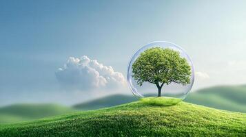 A tree is inside a glass sphere on a grassy hill photo