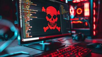 A computer screen with a skull and crossbones on it photo