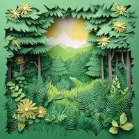 Paper art of a forest with flowers and trees photo