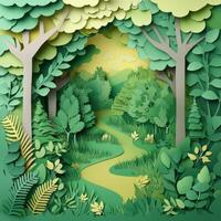 Paper art of a forest path with trees and grass photo