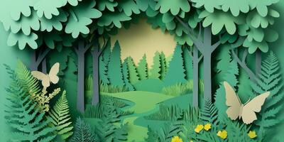 Paper art of a forest with butterflies and flowers photo