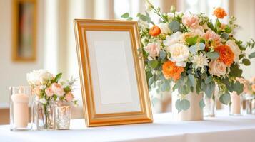 A table with a picture frame and flowers photo