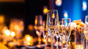 A table with many wine glasses and candles photo