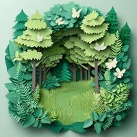 Paper art of a forest path with butterflies and trees photo