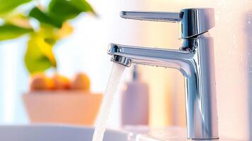 A faucet is running water from a sink photo
