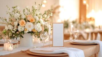 A table with white and gold flowers and place settings photo