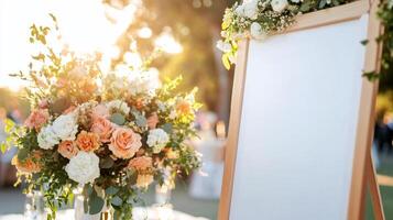 Flowers and a blank board at a wedding reception photo