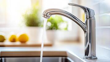A kitchen faucet is running water into a sink photo
