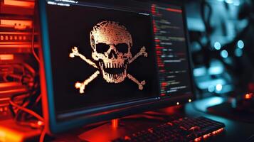 A computer screen with a skull and crossbones on it photo