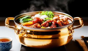 A pot of food with steam coming out of it photo