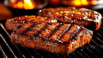 Grilled steak on a grill with flames in the background photo