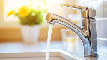 A faucet is running water into a sink photo
