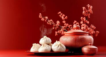 A red pot with steamed dumplings and a red flower photo