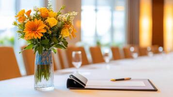 A vase with flowers on a table photo