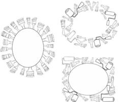 painter roller and brushes oval frames set. graphic line ink templates vector