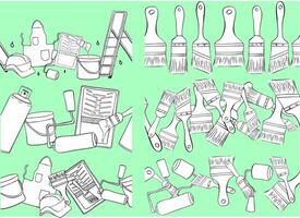 Graphic line ink seamless border set with painter tools Isolated on transparent background. Paint can opener, color can, apron, bucket, can, Brush, Roller, Paint tray, Masking tape, Ladder vector
