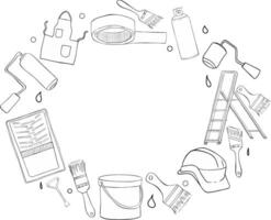 Handyman painter tools oval frame. graphic line ink template with Paint can opener, color can, apron, bucket, can, Brush, Roller, Paint tray, Masking tape, Ladder, Step ladder vector