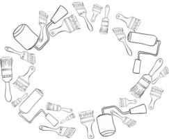 Painter tools oval Frame with graphic line ink Paint brushes and rollers. Black and white illustration with painting and drawing tools. vector