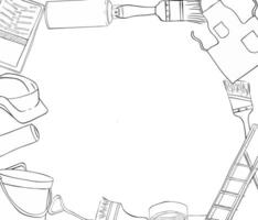 Painter tools supplies rectangle template with tools, graphic line ink illustration. Paint can opener, color can, apron, bucket, can, Brush, Roller, Paint tray, Masking tape, Ladder vector