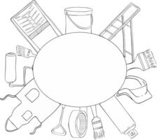 Stock oval frame with painter tools Paint can opener, color can, apron, bucket, can, Brush, Roller, Paint tray, Masking tape, Ladder, Step ladder. Graphic line ink illustration set vector