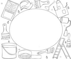 Black and white graphic line ink oval frame in rectangle with set of painting, drawing equipment step ladder, roller, can color, apron, helmet. vector