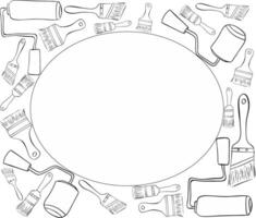 Painter tools brushes and rollers oval frame. Graphic lin ink template Trendy modern illustration isolated on white, hand drawn vector