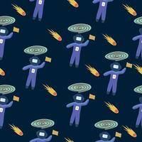 A seamless pattern of astronauts with flags, meteors, and cosmic elements, set on a white background vector