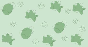 A minimalistic green abstract pattern featuring irregular shapes and simple line-drawn flowers. vector