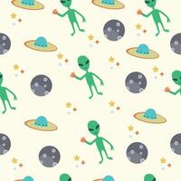 A fun and creative pattern featuring cartoon aliens, UFOs, planets, and stars on a light background vector