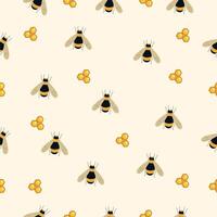 Seamless pattern with bee cartoons and white flower on yellow background . vector