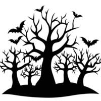Halloween tree silhouette with bats and trees vector