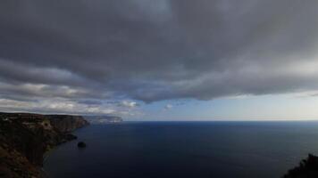 Timelapse fluffy Cumulus clouds moving in sky over calm sea. Abstract aerial view nature summer ocean, sea and sky view. Weather and Climate Change. Travel, holiday and vacation concept. video