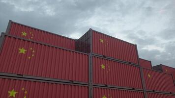 Concept for Chinese import and export business. China flag containers are located at the container terminal. 3d illustration photo