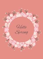Spring background with blossoming sakura branch, branch of blossoming Japanese cherry on pink background. Vertical format A4. Round composition. vector