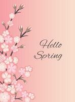 Spring background with blossoming sakura branch, branch of blossoming Japanese cherry on pink background. Inscription Hello spring. vector