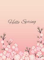 Spring background with blossoming sakura branch, branch of blossoming Japanese cherry on pink background. Inscription Hello spring. Vertical format A4. vector