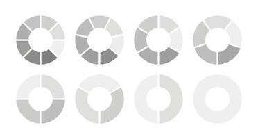 Monochrome diagram with 1, 2, 3, 4, 5, 6, 7, 8 equal sections, steps. Set of pie, pizza charts. Circle icon for UI, web design, business presentation, infographic, statistic, analytics. Coaching blank vector