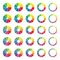 Donut charts, pies segmented on 8, 9, 10, 11, 12 equal parts. Wheels divided in sections. Diagrams infographic multicoloured set. Circle section minimalist graph. Pizza chart round icons. Loading bar. vector