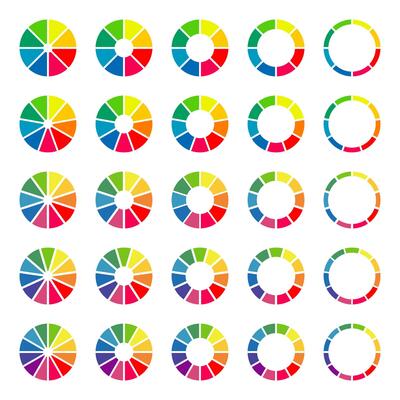 Donut charts, pies segmented on 8, 9, 10, 11, 12 equal parts. Wheels divided in sections. Diagrams infographic multicoloured set. Circle section minimalist graph. Pizza chart round icons. Loading bar.