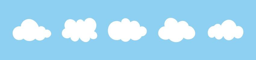 Clouds in blue sky. Puffy, fluffy, cumulus clouds on blue background. Cloudy shapes mockup. Weather simple elements template. Objects cloudscape layout. Hand drawn abstract icons. vector