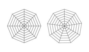 Radar, spider diagram template. Spider mesh. Diagram for statistic, analytic. Polygon graphs. Blank radar charts. Simple coaching tool. Grid with segments. Flat illustration. Octagon, enneagon mockups vector