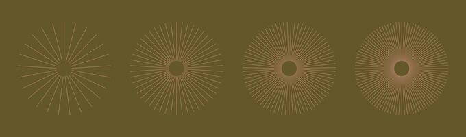 Radial circle lines. Circular lines elements. Symbol of Sun star rays. Spokes with radiating stripes. Abstract illusion geometric shapes. Mocha mousse snowflakes. Flat design elements. Graphic mockup. vector