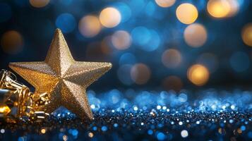 Golden star elegance sparkles amidst dreamy bokeh on dark blue background photo